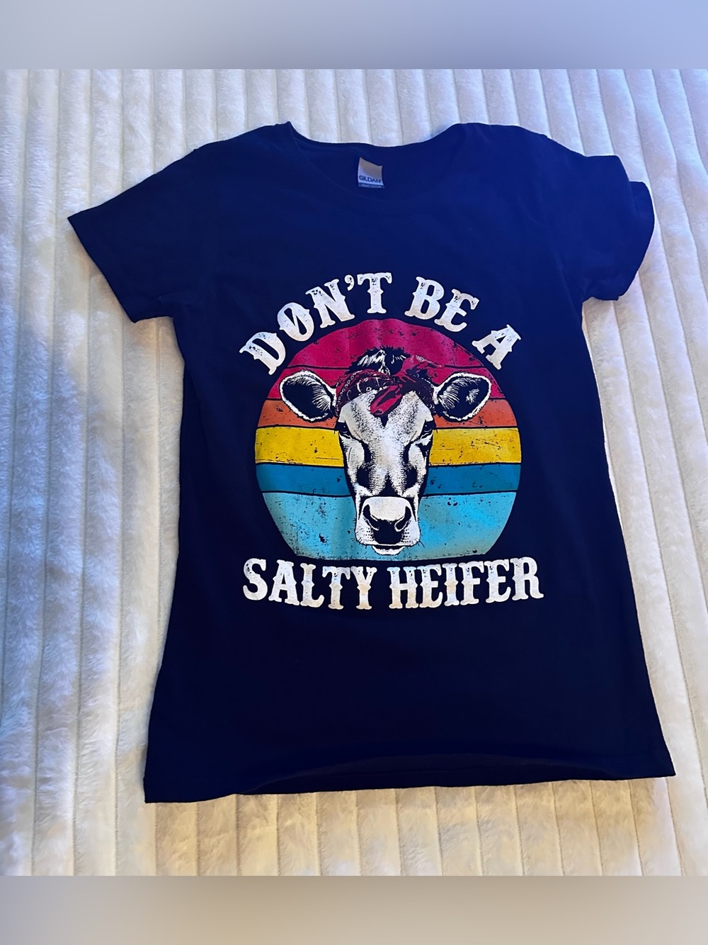 Gildan Navy Kids Short Sleeve Tee with Colorful Retro Cow Graphic